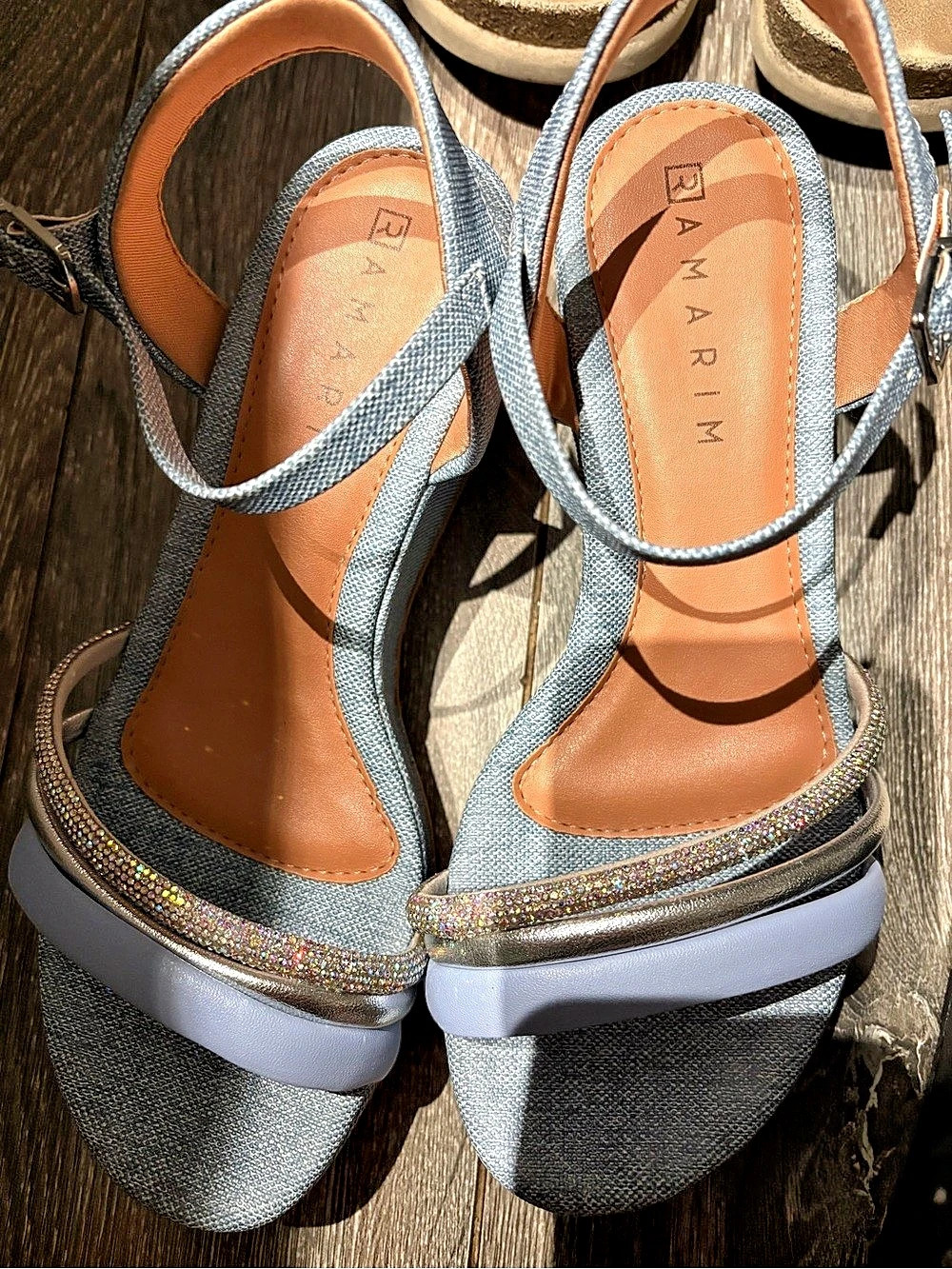 Denim and bling beautiful Wedge Sandals in Blue & Brown Like New